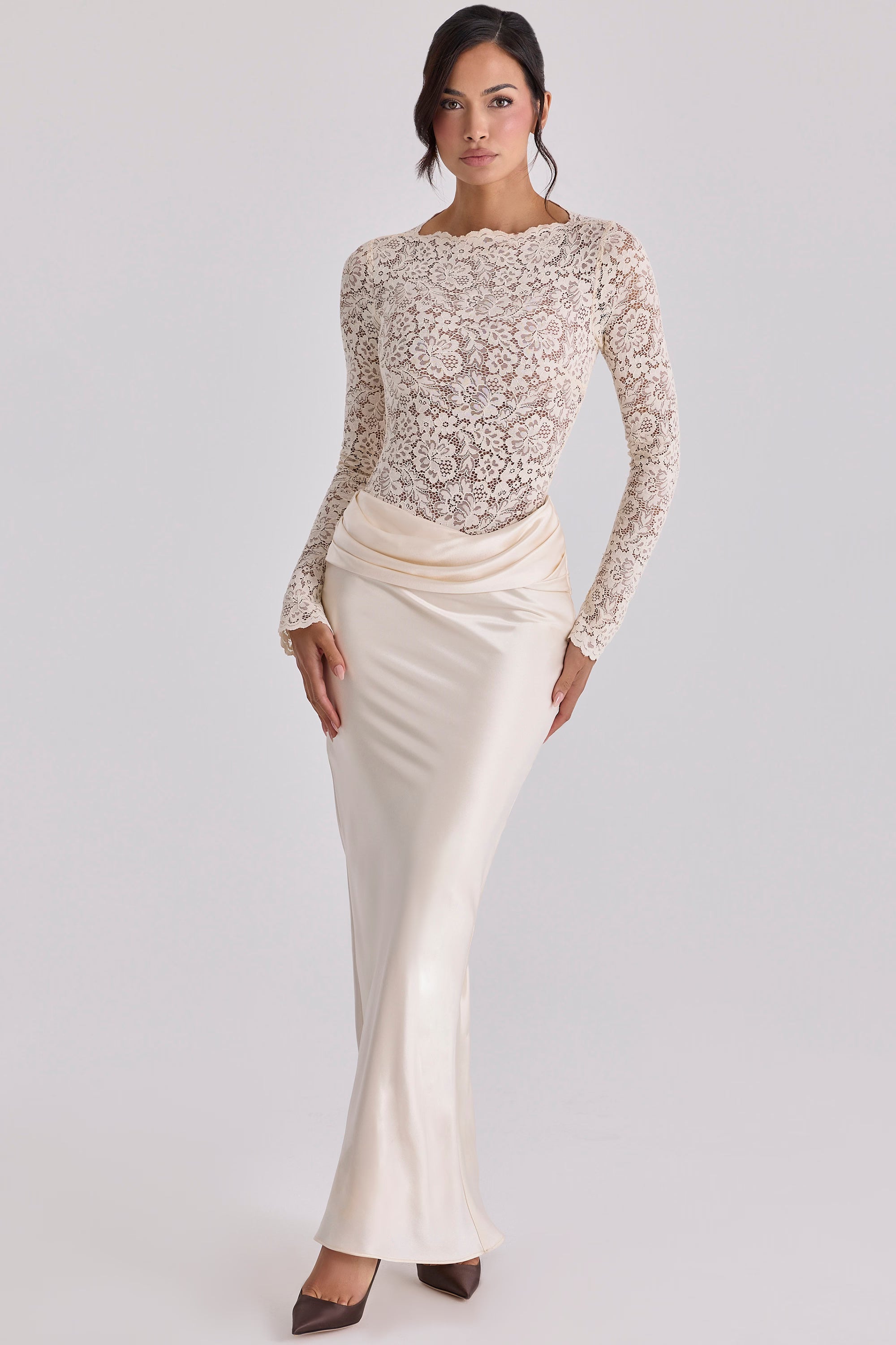 Boat-Neck Long-Sleeve Lace Bodysuit Top with Waist-Drape Satin Skirt Set