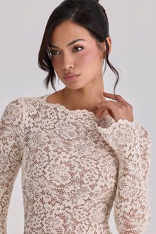 Boat-Neck Long-Sleeve Lace Bodysuit Top with Waist-Drape Satin Skirt Set