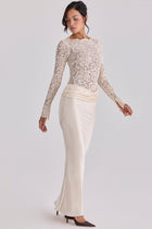 Boat-Neck Long-Sleeve Lace Bodysuit Top with Waist-Drape Satin Skirt Set