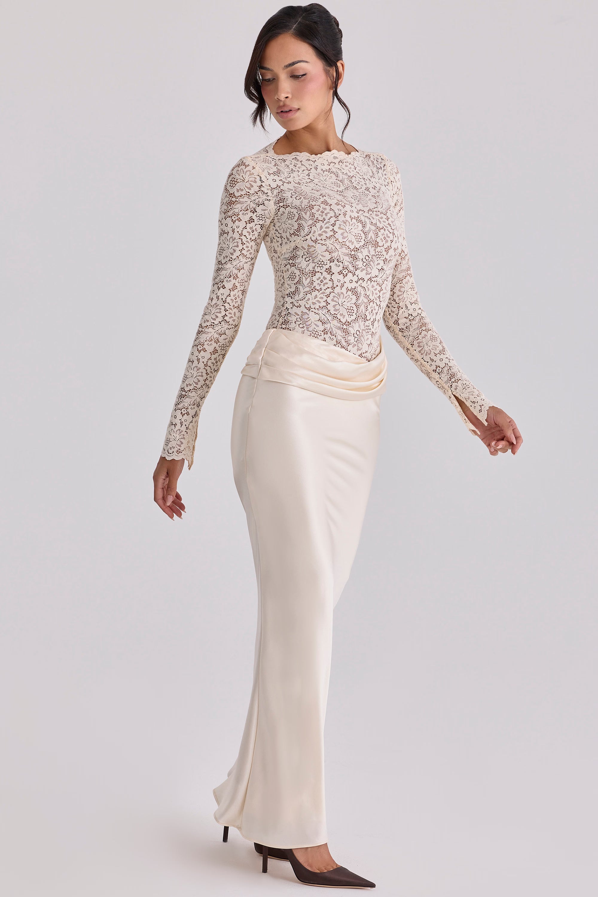Boat-Neck Long-Sleeve Lace Bodysuit Top with Waist-Drape Satin Skirt Set
