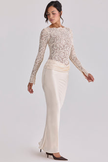 Boat-Neck Long-Sleeve Lace Bodysuit Top with Waist-Drape Satin Skirt Set