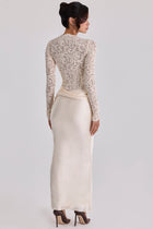 Boat-Neck Long-Sleeve Lace Bodysuit Top with Waist-Drape Satin Skirt Set