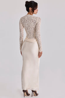 Boat-Neck Long-Sleeve Lace Bodysuit Top with Waist-Drape Satin Skirt Set