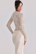 Boat-Neck Long-Sleeve Lace Bodysuit Top with Waist-Drape Satin Skirt Set