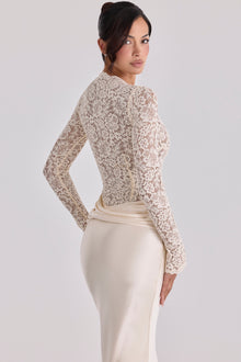 Boat-Neck Long-Sleeve Lace Bodysuit Top with Waist-Drape Satin Skirt Set