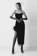Strapless Feather-Trim Side-Slit Bodycon Dress