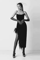 Strapless Feather-Trim Side-Slit Bodycon Dress