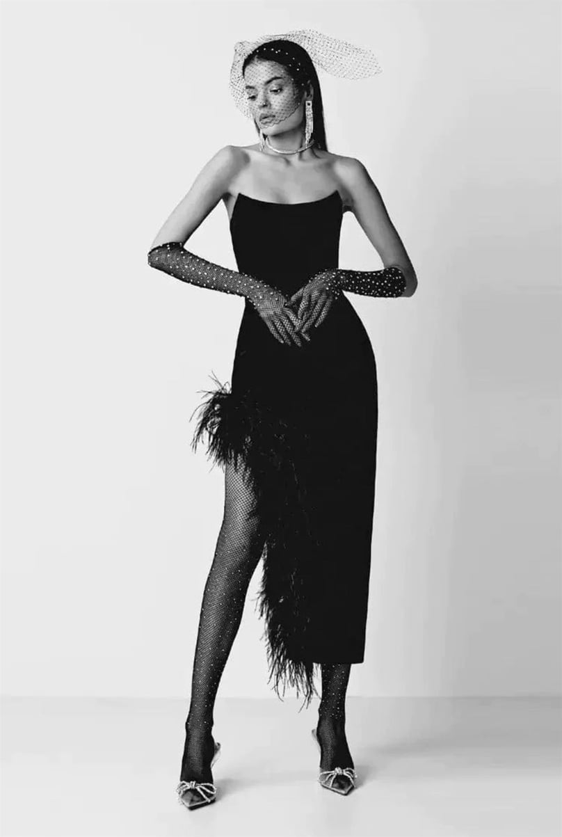 Strapless Feather-Trim Side-Slit Bodycon Dress