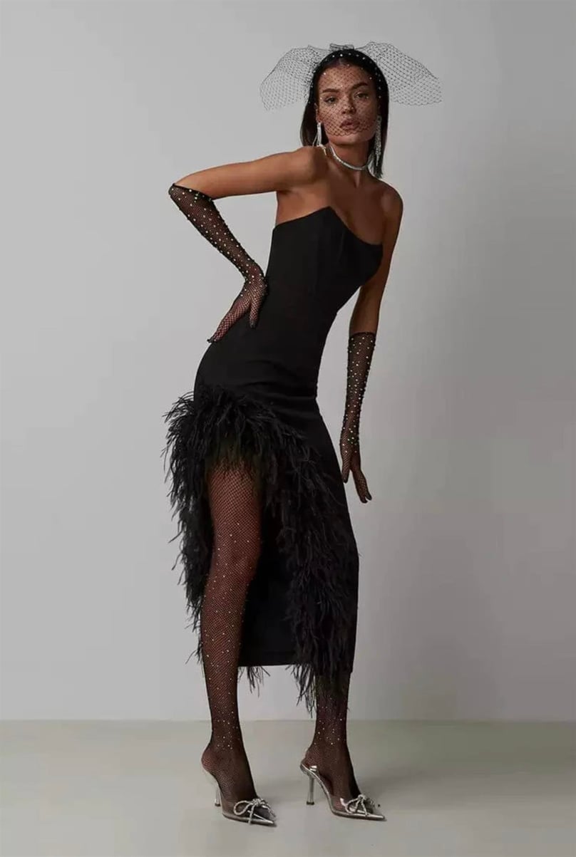 Strapless Feather-Trim Side-Slit Bodycon Dress