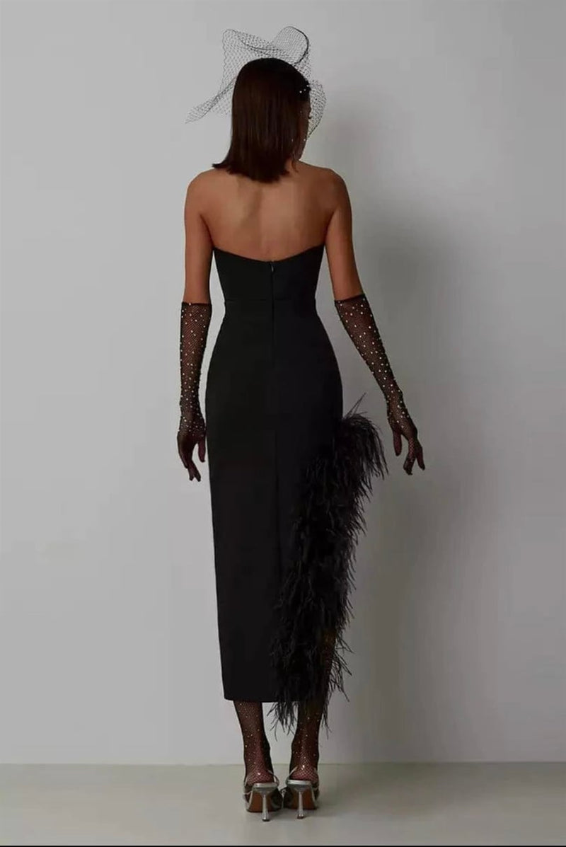 Strapless Feather-Trim Side-Slit Bodycon Dress