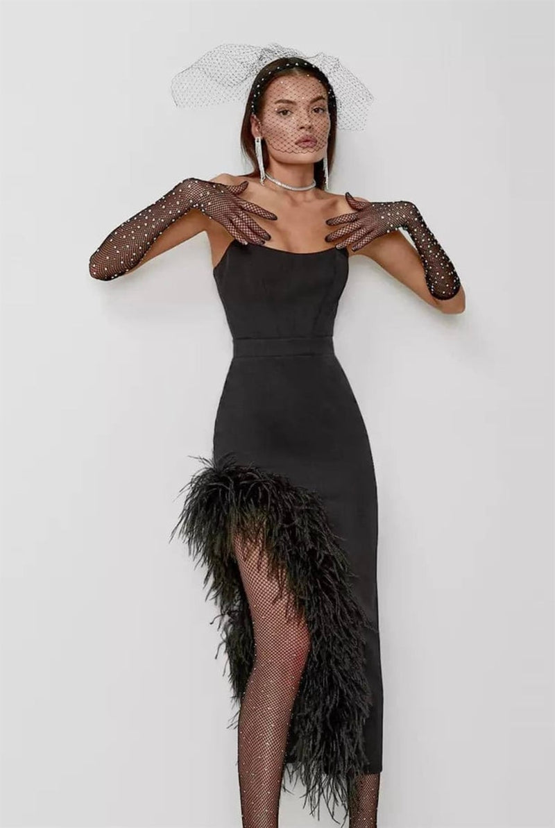 Strapless Feather-Trim Side-Slit Bodycon Dress