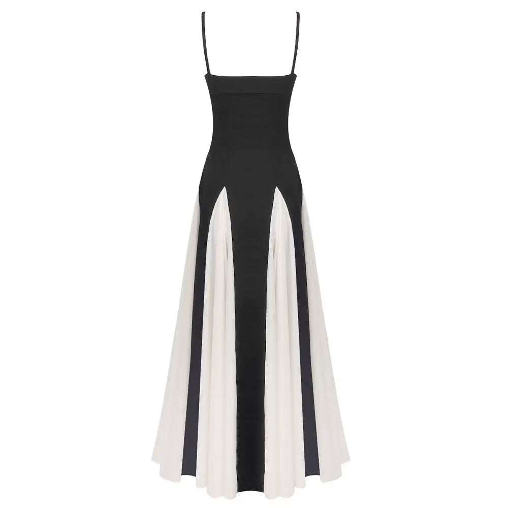 Black and White Pleated Chiffon Maxi Dress