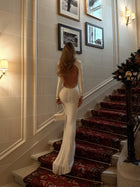 High-Neck Long-Sleeve Backless Asymmetric-Hem Bodycon Dress