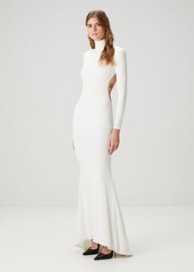 High-Neck Long-Sleeve Backless Asymmetric-Hem Bodycon Dress