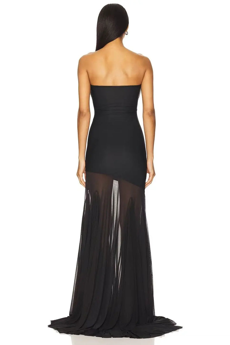 Strapless Bodycon Mesh Paneling Maxi Dres – Elegant Party & Evening Wear