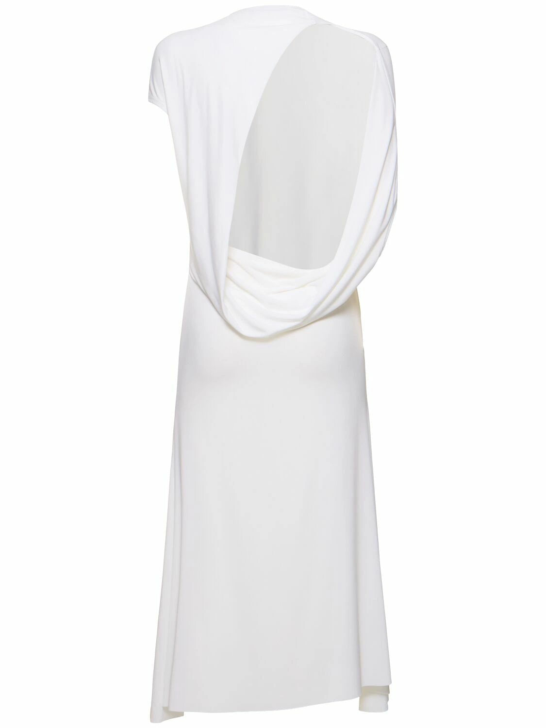 Crew-Neck Asymmetric-Sleeve Open-Back White Knit Dress