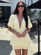 Mesh V-Neck Lantern-Sleeve Ruched Bubble Dress with 3D Floral Appliqué