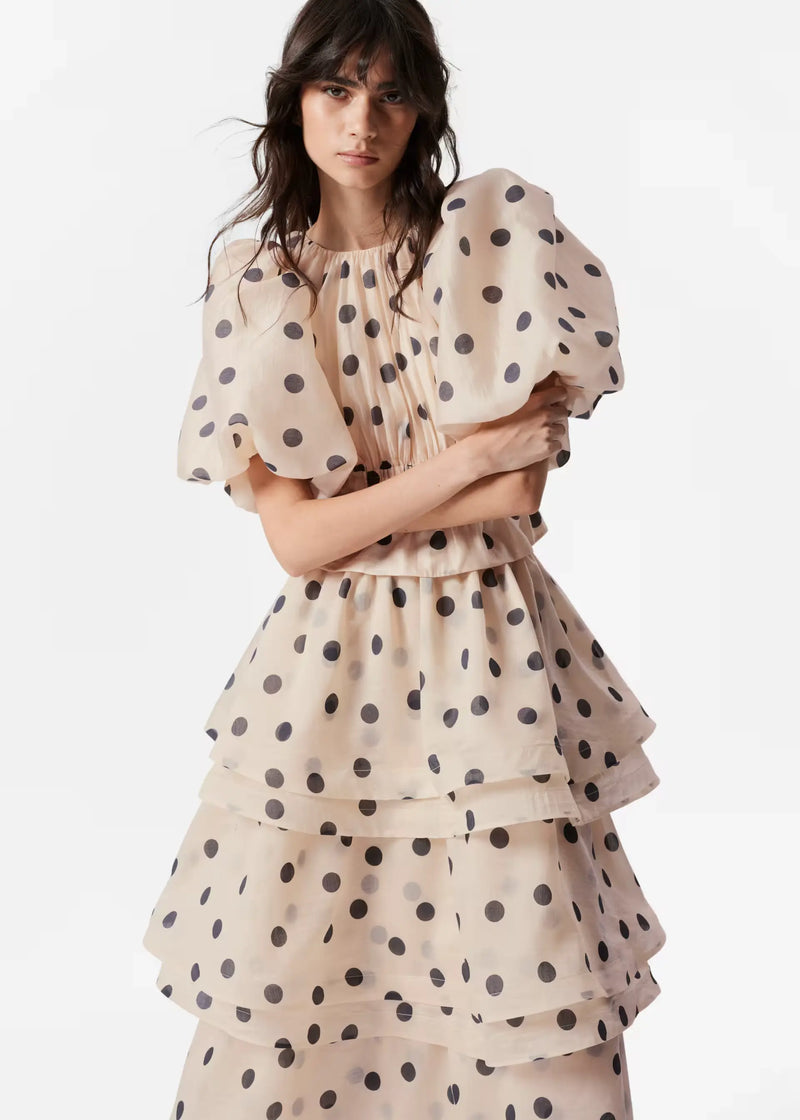 Polka Dot Lantern Sleeve Ruched Waist Top Tiered Skirt Set