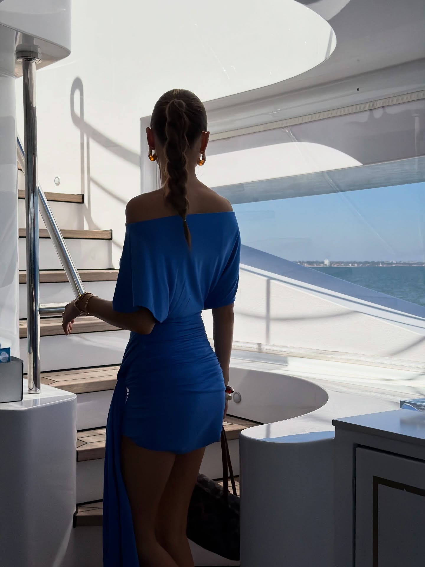Blue Batwing-Sleeve Asymmetric One-Shoulder Waist-Drape Mini Dress