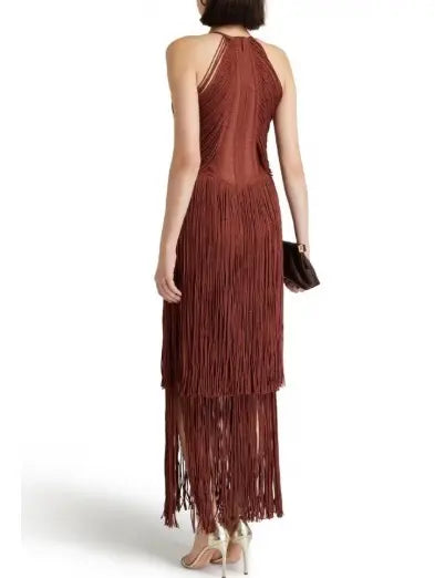 Crew-Neck Sleeveless Metallic Draped Fringe Dress