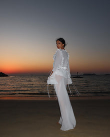 V-Neck Ruffle-Trim Tie-Front Long-Sleeve Cardigan Top with Waist-Tie Chiffon Skirt Two-Piece Set