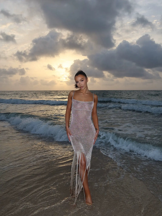 Shimmer Fringe Knit Maxi Dress