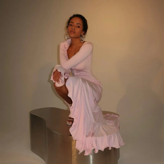 Sweetheart Neckline Long Sleeves Ruffled Cuffs Dress
