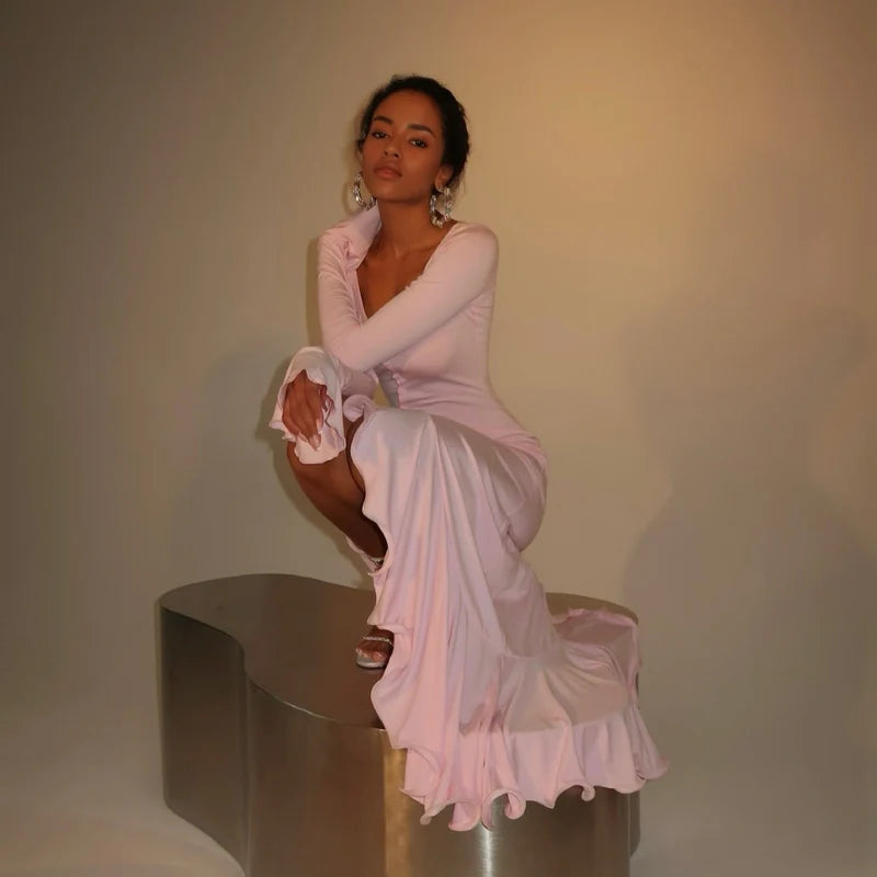 Sweetheart Neckline Long Sleeves Ruffled Cuffs Dress