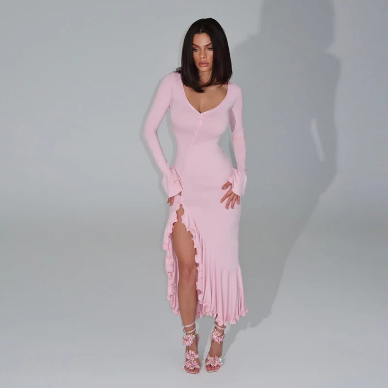 Sweetheart Neckline Long Sleeves Ruffled Cuffs Dress
