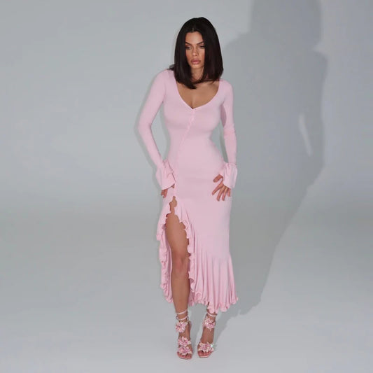 Sweetheart Neckline Long Sleeves Ruffled Cuffs Dress