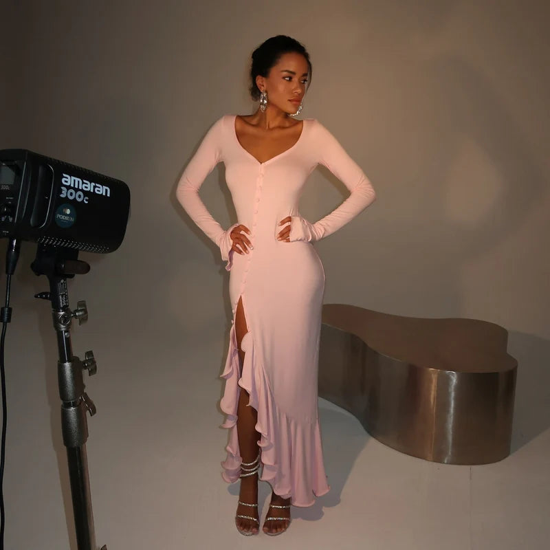 Sweetheart Neckline Long Sleeves Ruffled Cuffs Dress