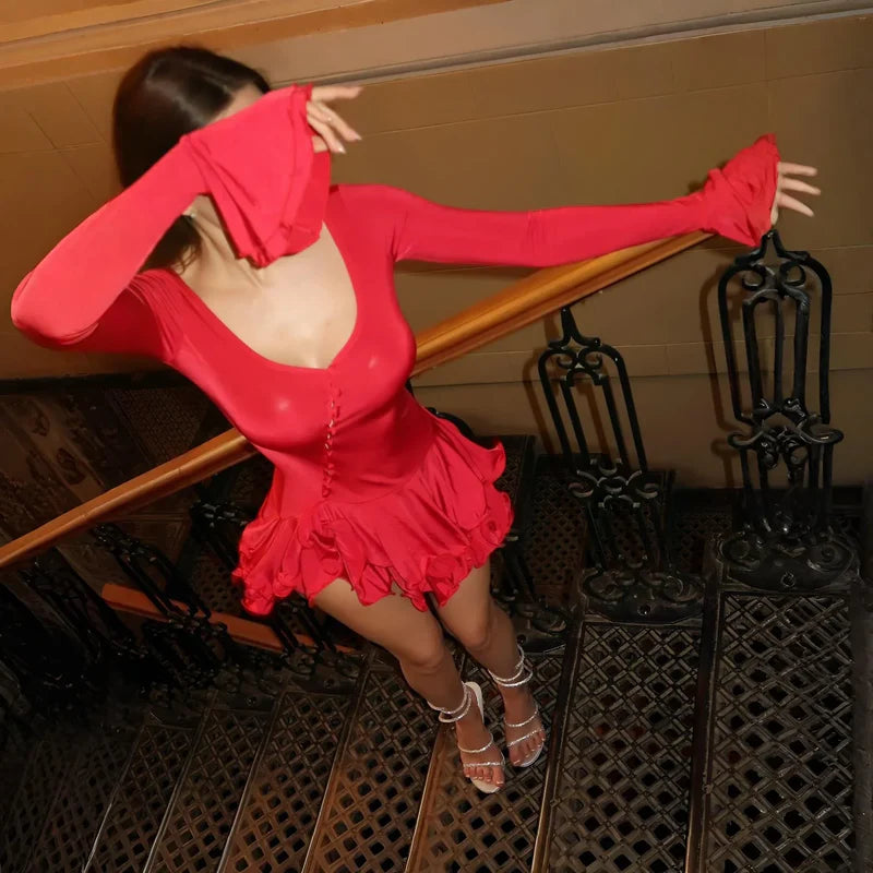 Asymmetrical Button-Front Ruffle Mini Long-Sleeve Dress