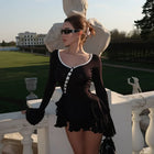 Asymmetrical Button-Front Ruffle Mini Long-Sleeve Dress