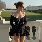 Asymmetrical Button-Front Ruffle Mini Long-Sleeve Dress