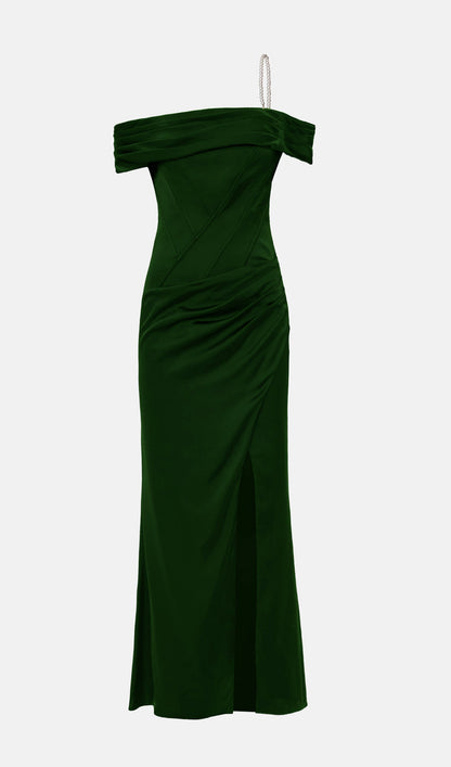 Satin Off Shoulder Diagonal Boning Maxi Dress