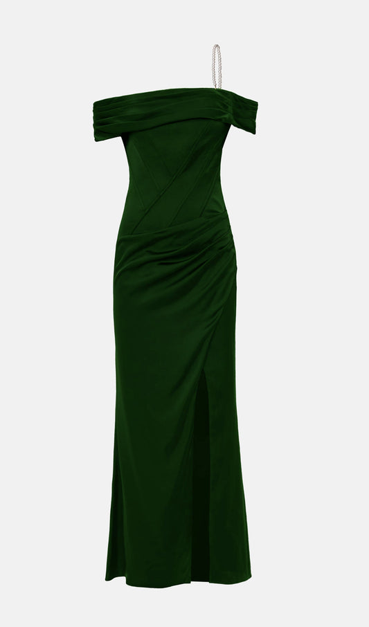 Satin Off Shoulder Diagonal Boning Maxi Dress