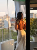 Crew-Neck Flutter-Sleeve Open-Back Knit Dress