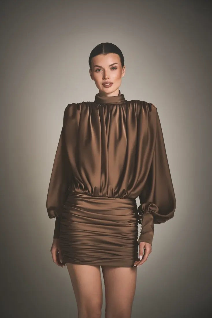 Satin ruched long-sleeve backless dress