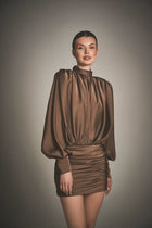 Satin ruched long-sleeve backless dress