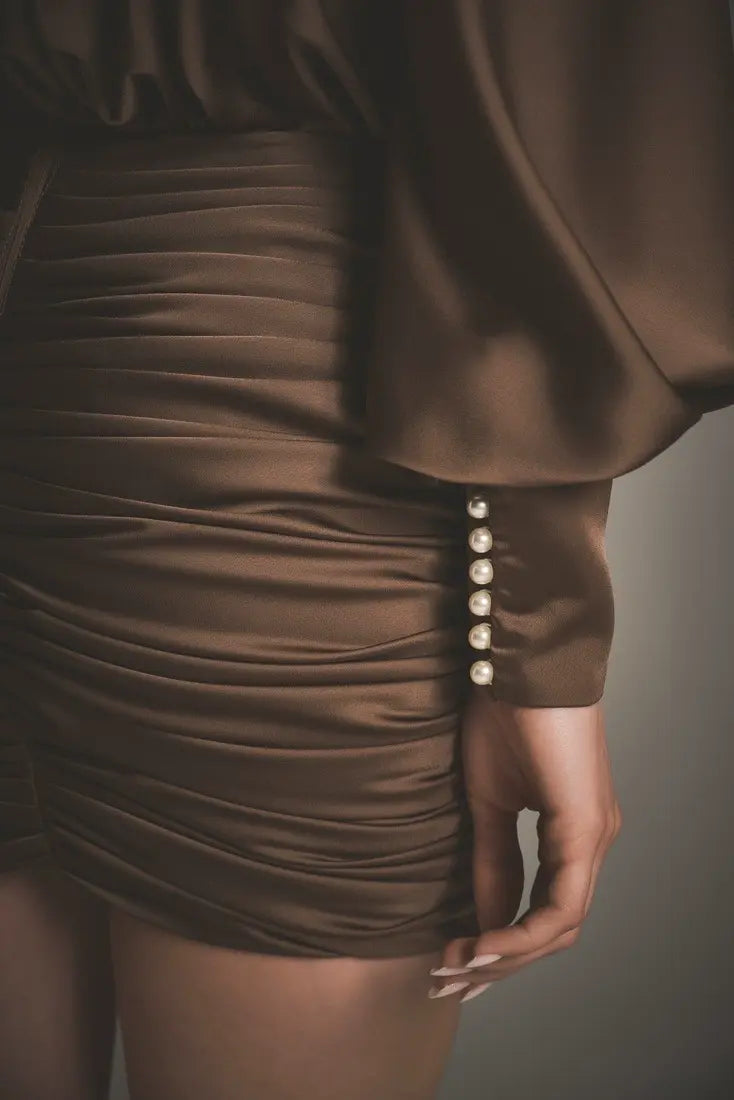 Satin ruched long-sleeve backless dress