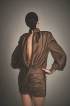 Satin ruched long-sleeve backless dress