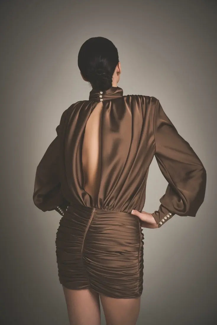 Satin ruched long-sleeve backless dress