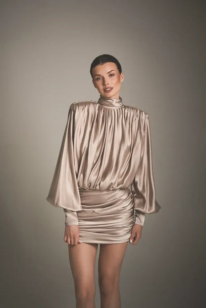 Satin ruched long-sleeve backless dress