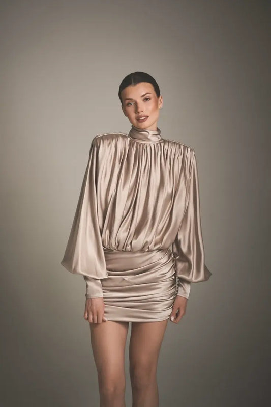 Satin ruched long-sleeve backless dress