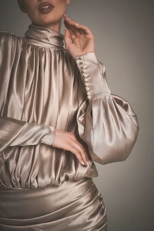 Satin ruched long-sleeve backless dress