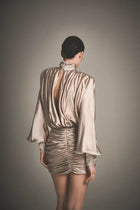Satin ruched long-sleeve backless dress