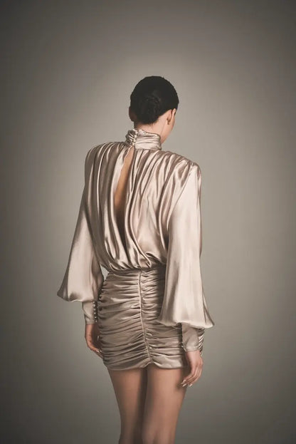 Satin ruched long-sleeve backless dress