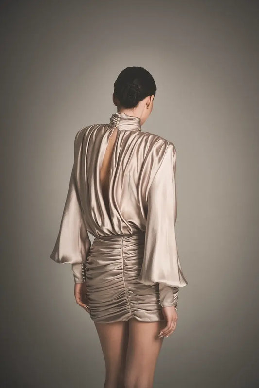 Satin ruched long-sleeve backless dress