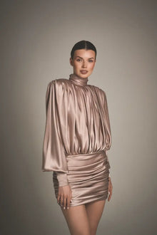Satin ruched long-sleeve backless dress