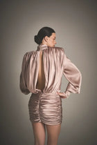 Satin ruched long-sleeve backless dress